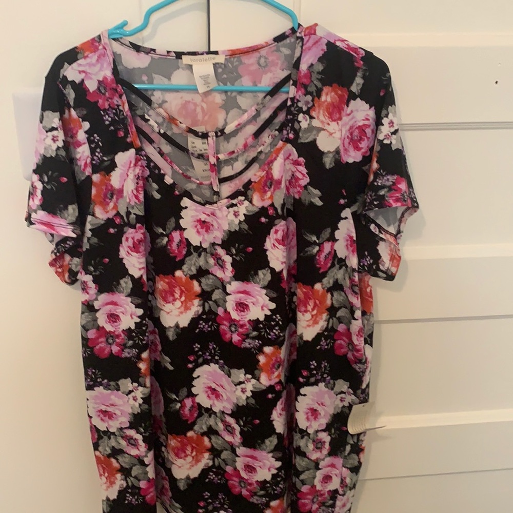 Black top with pink red flowers all around